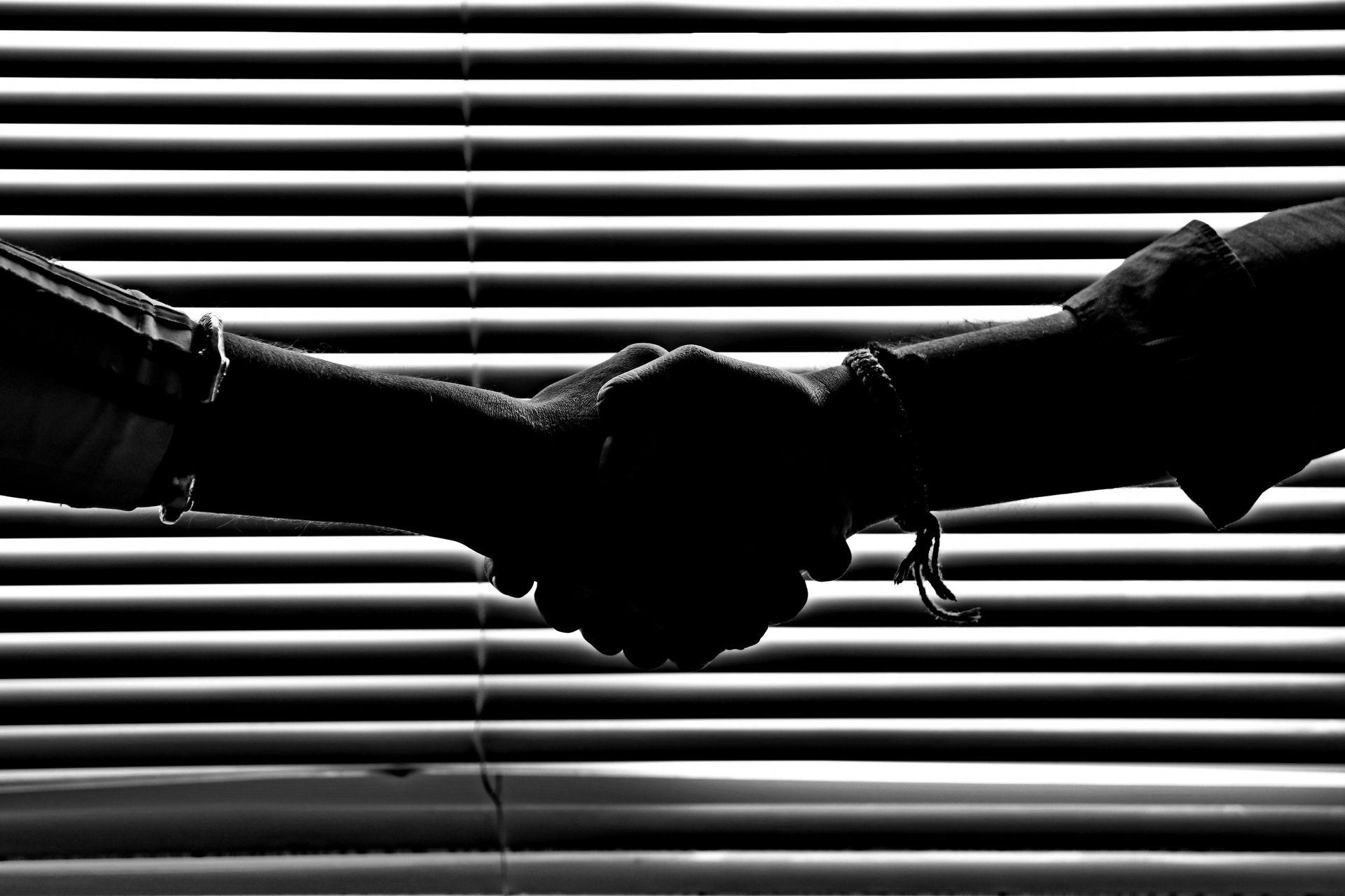 Black and white image of a handshake in front of window blinds, symbolizing agreement, trust, and business relationships. Represents the general terms and conditions of sale for Lifestyle Supplies BV.